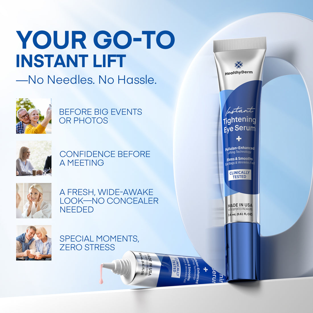 Instant Under Eye Lift Serum - Reduces Eye Bags, Wrinkles, Puffy Eyes, Dark Circles & Crow’s Feet in Minutes - Advanced Firming Polysaccharide Formula for Mature Skin - 15 mL - UPC: 810110570818