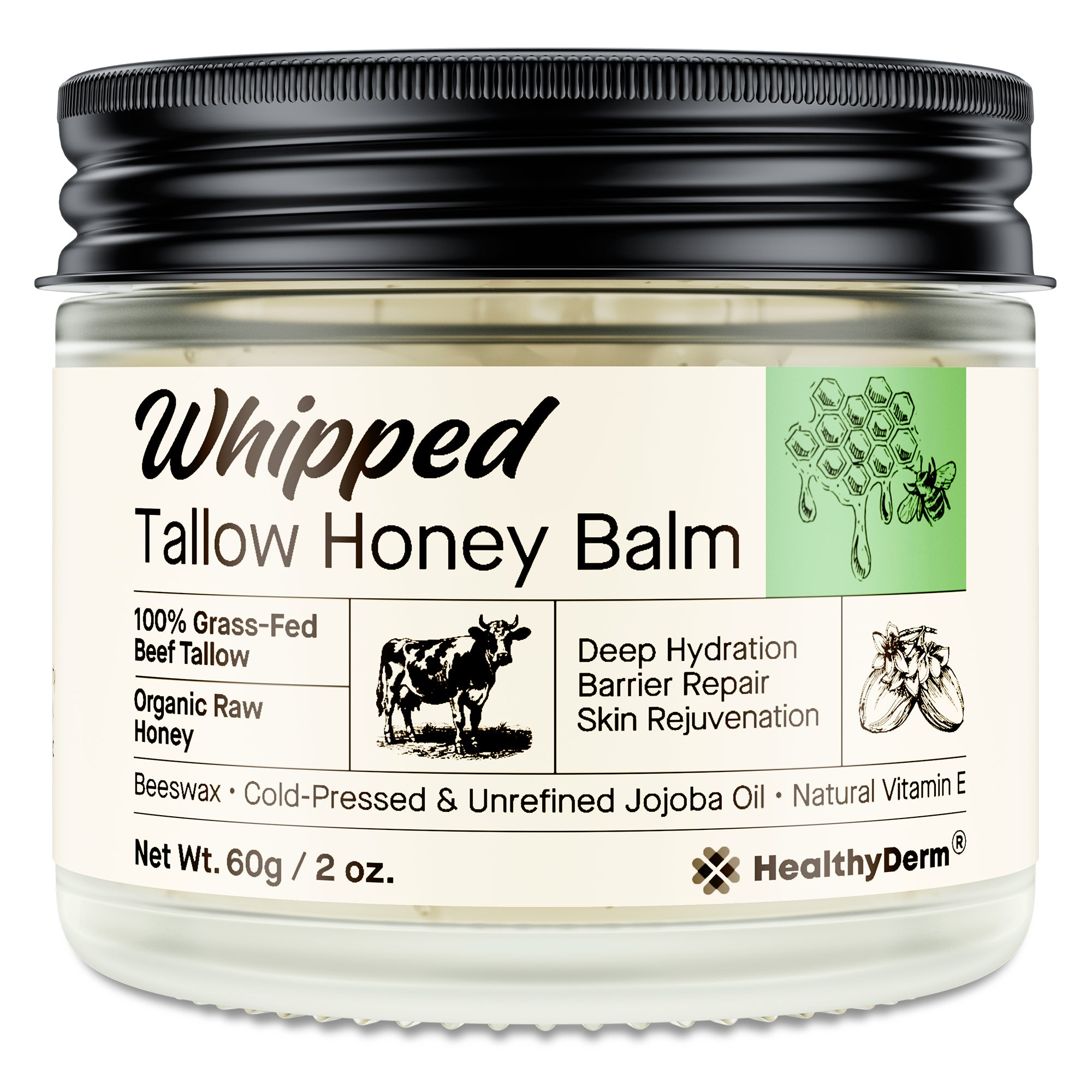 Beef Tallow Honey Balm, Natural Moisturizer for Face and Body, Designed for Mature, Dry and Sensitive Skin