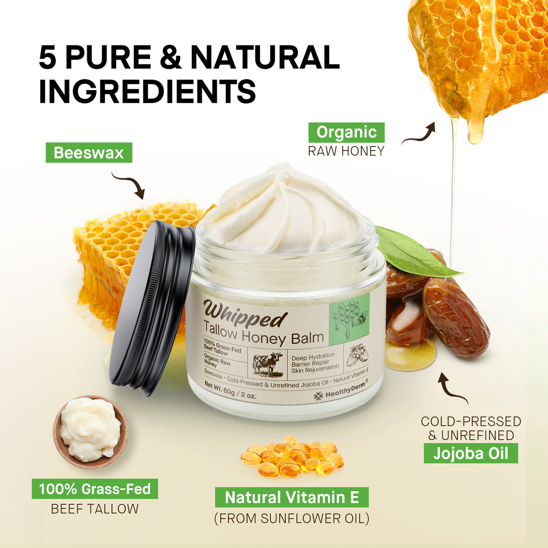 Beef Tallow Honey Balm, Natural Moisturizer for Face and Body, Designed for Mature, Dry and Sensitive Skin